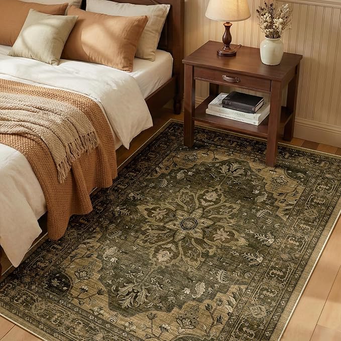 Area Rugs 3'x5' Washable Non-Slip, Floral Vintage Distress Print Pattern Medallion Carpet for Living Room Bedroom Dining Room, Brown Dark Brown