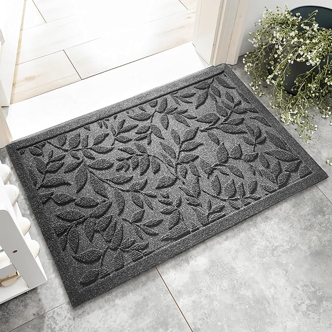 Grey Leaves Outdoor Indoor Entrance Doormats, Absorbent Durable Heavy Duty Welcome Front Door Mat,Thick Natural Rubber Back,Easy Clean Entryway Mat 17x30 Inch, Low Profile