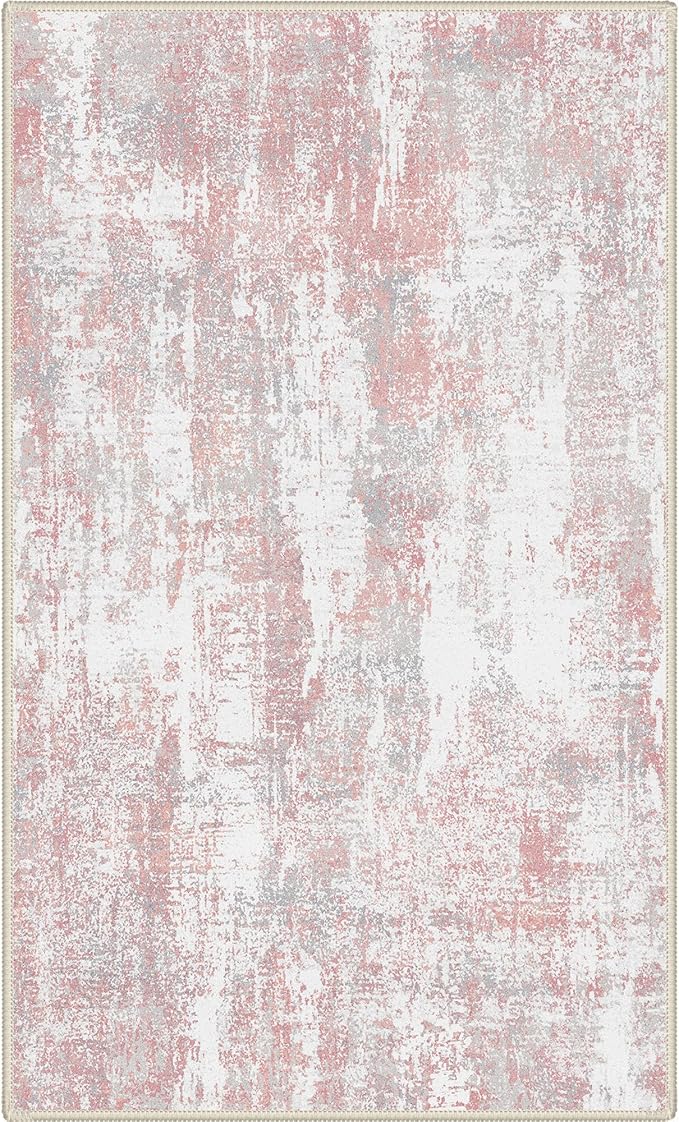 Area Rugs 3x5 for Living Room Bedroom, Modern Abstract Machine Washable Rug, Soft Low Pile Floor Carpet with Non Slip Backing for Entryway, Pink/Grey