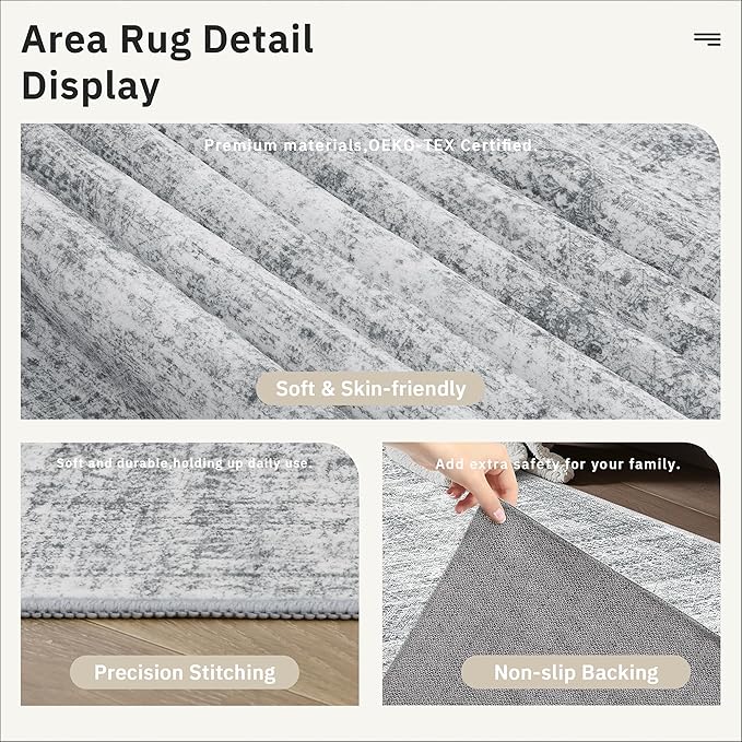 Runner Rug 2'6" x 10' Washable Non-Slip Runner Rugs for Kitchen Bathroom Laundry Room Vintage Ultra Thin Runners for Hallway Entryway Grey