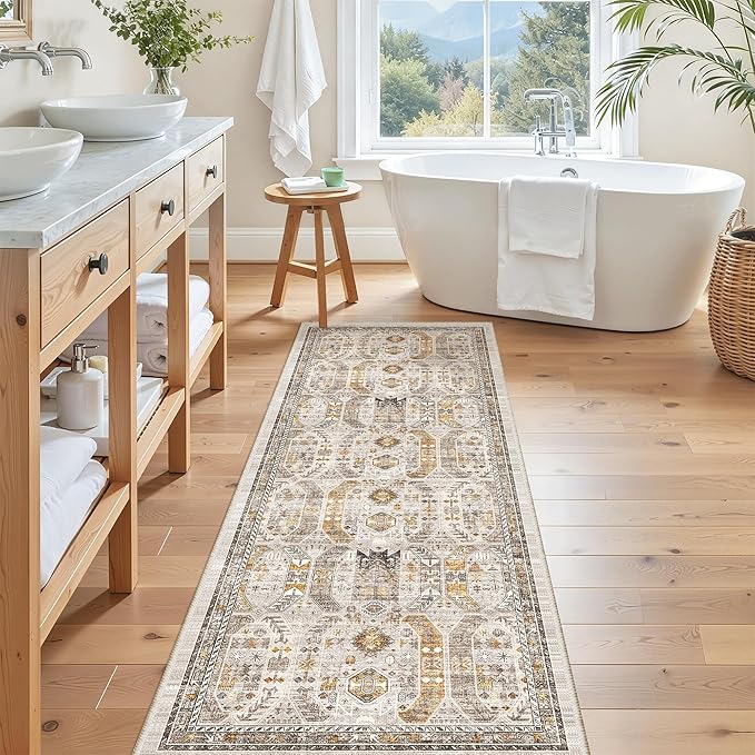 Madane Hallway Runner Rug - 2x5 Rug Runner Washable Runner Rugs Non-Slip Low-Pile Kitchen Runner Rug Laundry Room Rug Throw Carpet for Entrance Bedroom Living Room (2'x5', Brown/Gold)