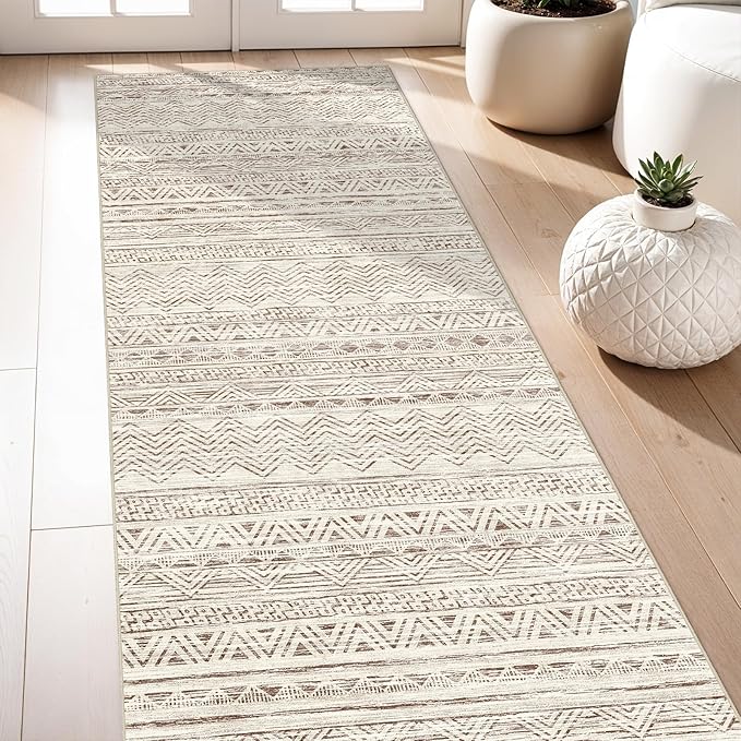 3x7 Washable Hallway Runner Rug - Moroccan Non-Slip Indoor Table Long Runners for Entryway Soft Low-Pile Neutral Rugs for Kitchen Waterproof Geometric Carpet for Bedroom Bathroom Laundry 3x7 Beige