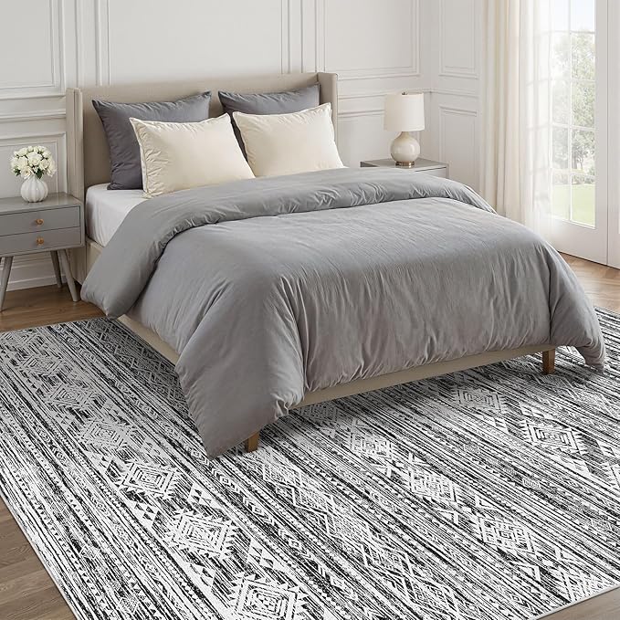 Nakagishi 8x10 Area Rugs Living Room: Washable Large Neutral Soft Rug Stain Resistant Non-Slip Carpet for Men Modern Home Enthusiasts Aged 25-45 - High Traffic Areas - Bedroom Office - Black White