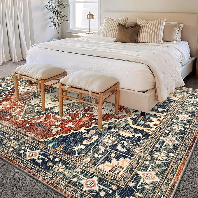 Yamaziot Area Rug 5x7, Non-Slip Washable Boho Vintage Living Room Bedroom Rug with Rubber Backing, Low Pile Faux Wool Soft Distressed Rug Floor Carpet for Living Room, Bedroom, Brick Red