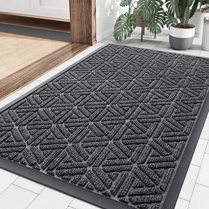 Smiry Front Door Mat Outside Entrance, Heavy Duty Sturdy Natural Rubber Doormat, Trap Dirt and Moisture, Easy Clean Low Profile Mats for Indoor Outdoor Entry, Grid Geometric (35x23, Grey)