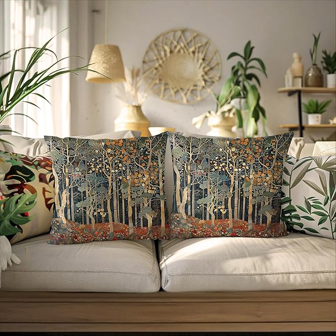 Rustic Autumn Forest Pillow Covers 18x18 Set of 2, Fall Home Room Decor, Vintage Botanical Nature William Morris Inspired Decorative Throw Pillow Covers for Home Bedroom Living Room