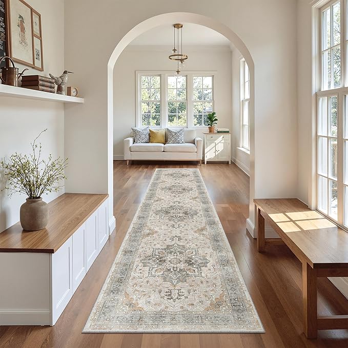 Madane Runner Rugs for Hallway 2x10 Long Washable Non-Slip Hallway Runner Rug Low-Pile Stair Kitchen Runner Soft Throw Carpet for Entrance Living Dining Laundry Room (Light Taupe Brown, 2 x 10)