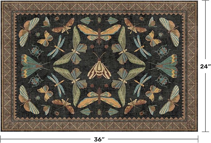 Small Black Entryway Rug - 2x3 Front Door Rug Indoor Entrance, Small Carpet for Kitchen Floor, Bathroom, Powder Room, Washable Low Pile Non Slip, Insect Print Home Décor