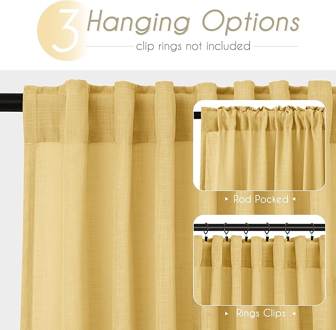 Gold Curtains for Living Room Back Tab Modern Farmhouse Semi Sheer Curtains 96 inches Long 2 Panels Set Muted Neutral Window Curtain for Dining Room Bedroom 52x96