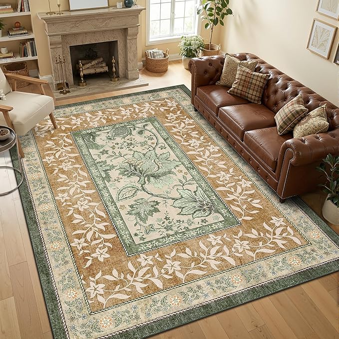 GarveeHome Terracotta Olive Sage Green Washable 5x7 Area Rugs, Botanical Grove Vintage Cottage core Non-Slip Rug for Bedroom Living Room Nursery Kitchen Low-Pile Retro Carpet