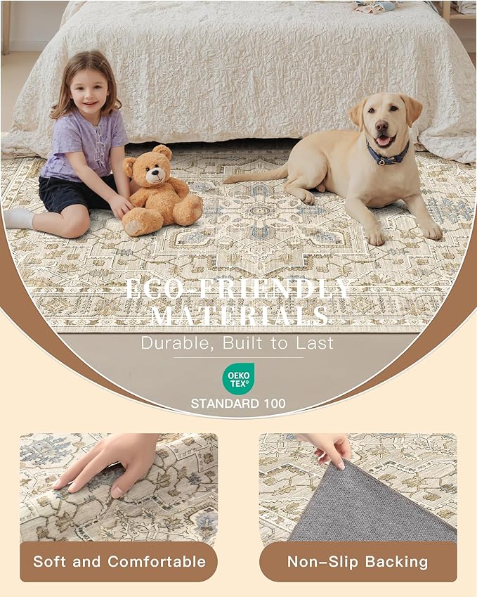 Madane Hallway Runner Rug 3x16 - Vintage Non Slip Washable 16ft Kitchen Runner for Entrance Soft Long Carpet Runners for Living Room Bathroom Low Pile Floor Mat for Bedroom Dining Room, Beige/Blue
