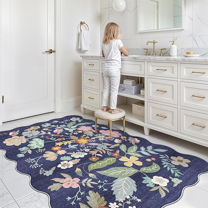 4x6 Living Room Area Rugs: Washable Boho Bedside Rug Non-Slip Floral Small Low Pile Carpet for Kitchen Bedroom Non-Shedding Floor Mat for Kids Room Office Durable Mat for High traffic Area(4x6，Purple)