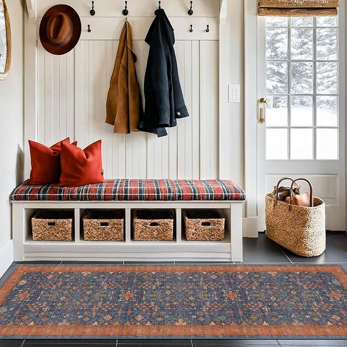 Hazo Haus Navy Blue Washable Hallway Runner Rug 2x10 Non Slip Rugs for Kitchen, Mudroom, Bathroom, Hall Way - 10 ft Long Dark Boho Geometric Decor, Fade & Stain Resistance