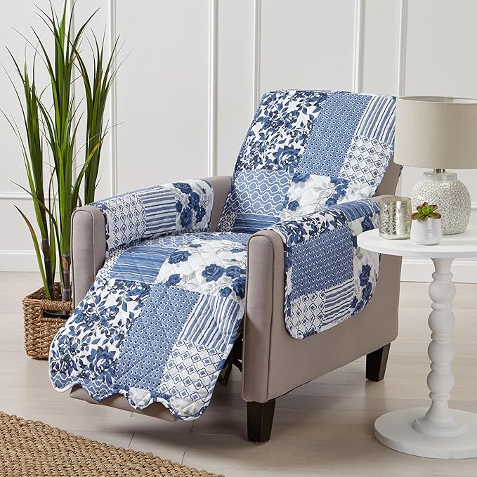Great Bay Home Reversible Patchwork Recliner Cover - Washable Slipcover Furniture Protector with Elastic Straps - Perfect for Kids & Pets - Box-Stitched Detail (Navy)