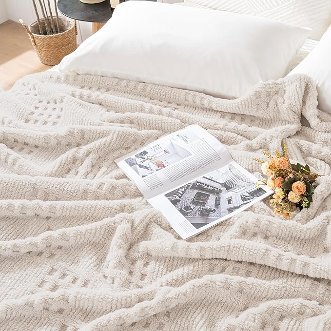 50x70 Inch Waffle Beige Throw Blanket -Fluffy Fleece, Neutral Tan Color, Cute & Aesthetic, Perfect for Sofa, Couch, Chair, Bed, Living Room & Bedroom, All-Season Use, Plush & Cozy Decorative Blanket