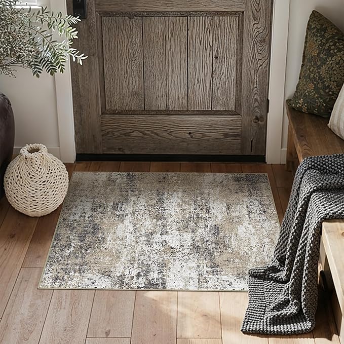 PureCozy 2x3 Abstract Area Rug Brown Washable Modern Entryway Carpet Non Slip Ultra Soft Neutral Low Pile Door Mat Contemporary Small Throw Rug for Bathroom Laundry Kitchen Dining Room