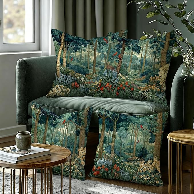 Rustic Forest Green Pillow Covers 18x18 Set of 4, Cottagecore Summer Lemon Forest Nature Botanical William Morris Inspired Decorative Throw Pillow Covers for Sofa Bed Bedroom Living Room