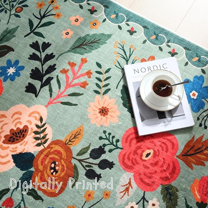 Rugcomf Round Rug 4ft Washable Circle Rug Non Slip Low Pile Boho Floral Small Circular Rug for Bedroom, Bathroom, Entryway, Kids Room, Office, College Dorm(Green)