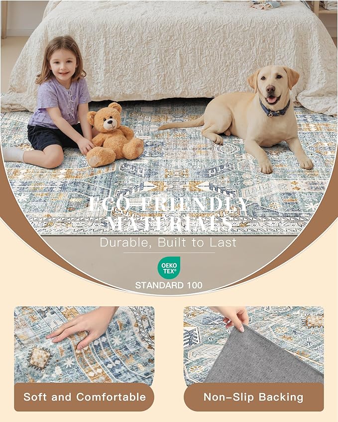 Madane Washable Runner Rug - 2x6 Rug Runners for Hallways 6 Feet Non Slip Vintage Kitchen Runner Rug Ultra-Thin Bathroom Runner Rugs Carpet Laundry Room Bedroom (2x6ft, Blue/Gold)