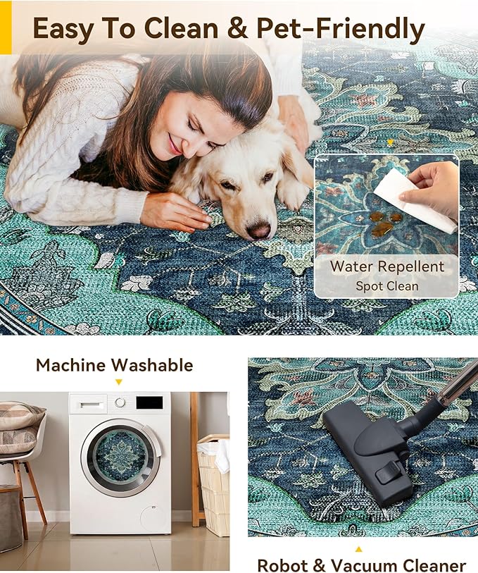 Area Rugs 7ft Washable Non-Slip, Floral Vintage Distress Print Pattern Medallion Carpet for Living Room Bedroom Dining Room, Teal Green Lake Blue Turquoise