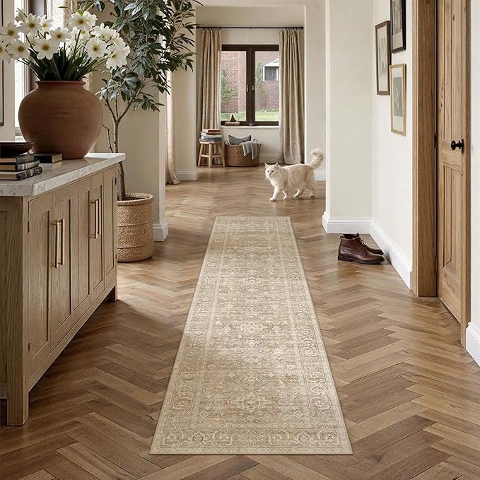 2x8 Washable Runner Rug for Hallway Kitchen Vintage Beige Non Slip Low Pile Carpet Traditional Retro Soft Throw Rug for Bathroom Bedroom Entryway Indoor Entrance