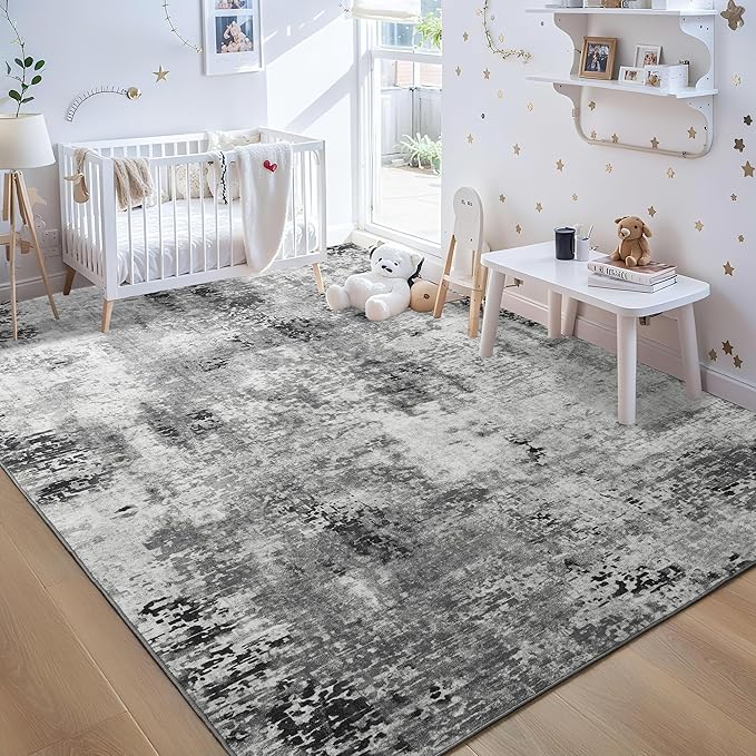 Living Room Rug 7x10 Gray Area Rugs Machine Washable Abstract Boho Large Rug Non-Slip Non-Shedding Faux Wool Indoor Vintage Carpet for Bedroom, Classroom, Dining Room, Kids Playroom