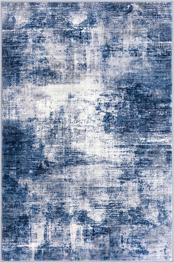 IOHOUZE Abstract Area Rugs 9x12 Ft Washable Large Rugs for Living Room, Non Slip Dining Room Rug, Printed Faux Wool Rugs for Bedroom, Floor Carpet for Office Nursery Playroom, Navy/Grey