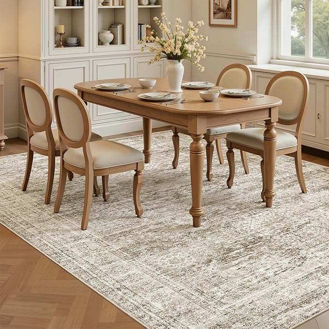 7x9 Area Rug for Living Room Washable Abstract Vintage Soft Thin Indoor Floor Non-Slip Carpet for Bedroom Dining Room Brown