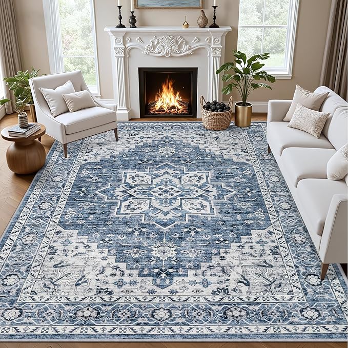 4x6 Area Rugs for Living Room: Washable Rug Soft Vintage Boho Medallion Carpet Indoor Floor Non-Slip Stain Resistant Large Carpets for Bedroom Dining Room Farmhouse Nursery Home Office Blue