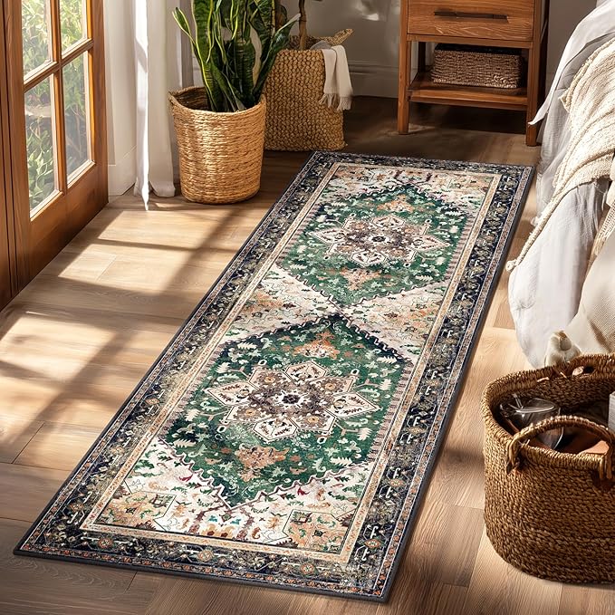 Yamaziot Washable Runner Rug, 2x6 Non-Slip Boho Vintage Hallway Rug Runner with Rubber Backing, Stain Resistant & Low Pile Faux Wool Distressed Carpet Runner for Kitchen, Laundry, Entrance