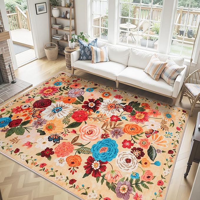 Area Rugs 9x12 Living Room Washable Rug Non Slip Floral Low Pile Large Rug for Living Room, Bedroom, Farmhouse, Dining Room, Kids Playroom(Yellow Garden, 9 x 12)
