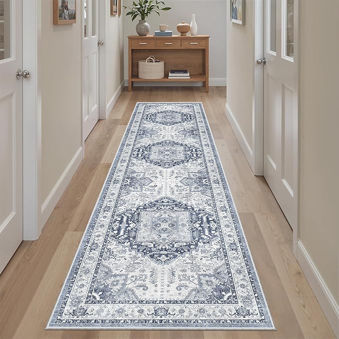 Madane Washable Runner Rug - 2x8 Runners for Hallways Kitchen Non-Slip Runner Rugs Ultra-Thin Laundry Room Rug Throw Carpet Runner for Entrance Living Dinning Room Foyer (Navy/White, 2 x 8)