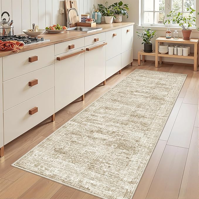 Kitchen Runner Rug Non Slip - 2.5 x 8 Runners for Hallways, Entryway, Bedroom, Washable Runner Rugs for Bathroom, Laundry Room, Low Pile Soft Vintage Area Rug(2.5'x8', Brown/Ivory)