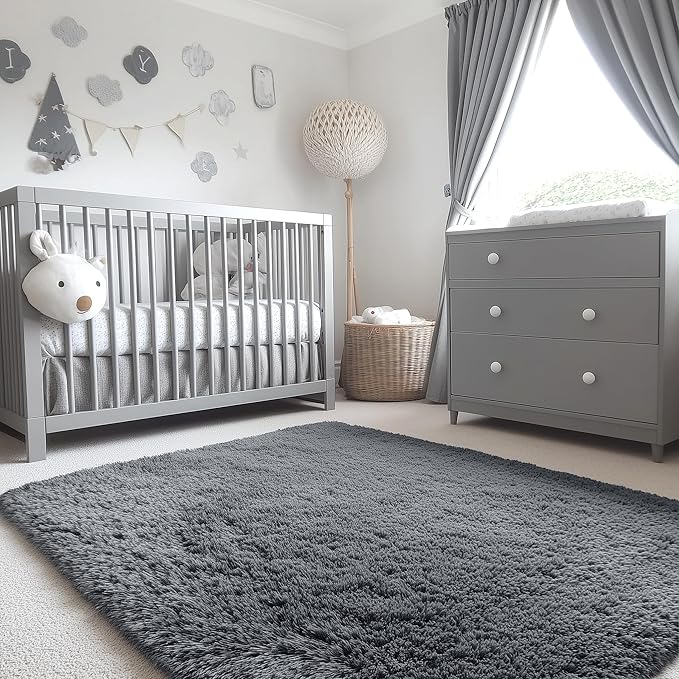 OLANLY 4x4 Machine Washable Accent Rug, Soft Fluffy Shaggy Area Rug for Bedroom, Living Room, Indoor Floor Carpet for Kids, Nursery, Home Decor, Grey