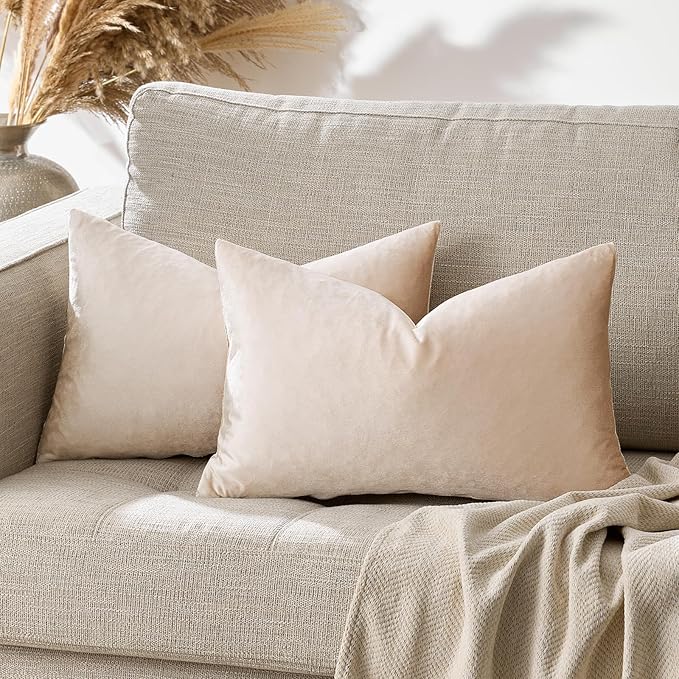 GIGIZAZA 12x20 Lumbar Pillow Covers: Pack of 2 Champagne Beige Throw Pillows Super Soft Velvet Covers - Decorative Vintage Rectangle Solid Elegant Cushion Covers Used for Couch,Living Room