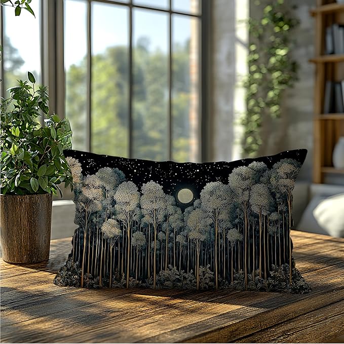 Rustic William Morris Inspired Night Forest Green Moon Pillow Covers 12x20 Double-Sided,Vintage Botanical Nature Landscape Decorative Throw Pillow Covers for Home Bedroom Living Room
