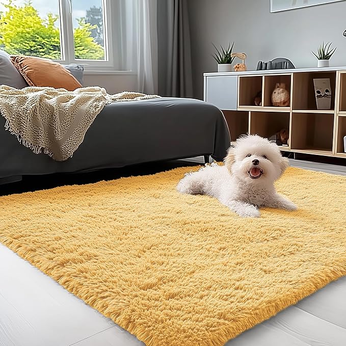 OLANLY 3x5 Machine Washable Small Bedside Rug, Soft Fluffy Shaggy Rugs for Living Room, Bedroom, Indoor Floor Carpet for Kids Girls and Boys, Preppy Dorms, Nursery, Home Decor, Mustard Yellow