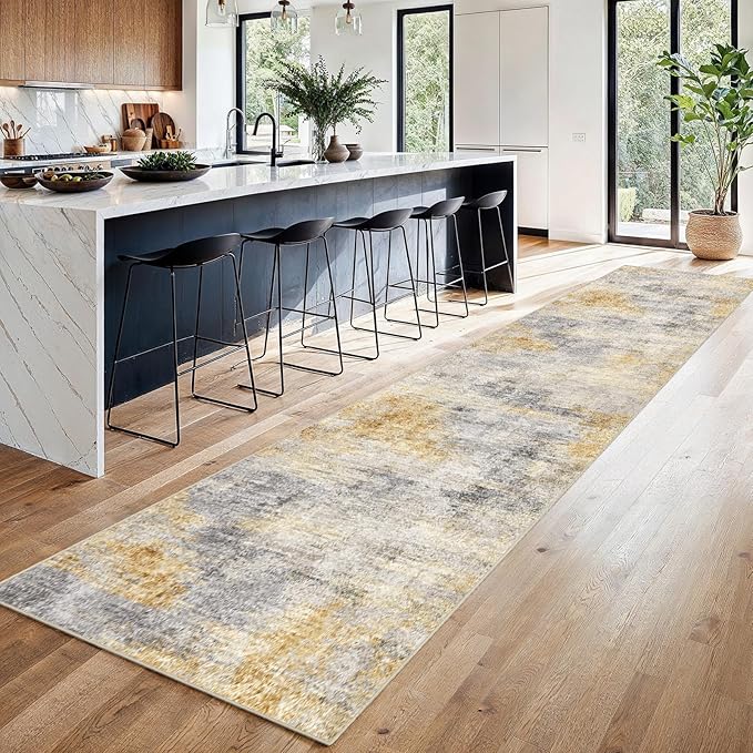 2'6''x14' Washable Kitchen Runner Rug: Modern Abstract Runners for Hallway Soft Non Slip Rugs with Rubber Backing Low Pile Thin Floor Carpet for Entryway Bedroom Bathroom Indoor(Grey/Yellow,2'6''x14')