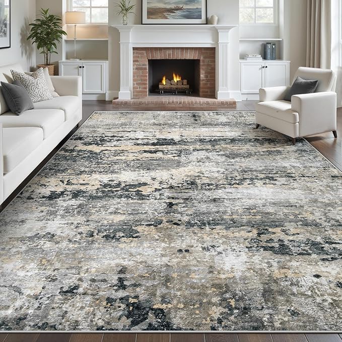 pmtsns Area Rugs 8x10 for Living Room: Washable Rug Modern Abstract Neutral Soft Non-Slip Low-Pile Indoor Large Carpet for Bedroom Dining Room Playroom Home Office (Black Grey Brown, 8'x10')