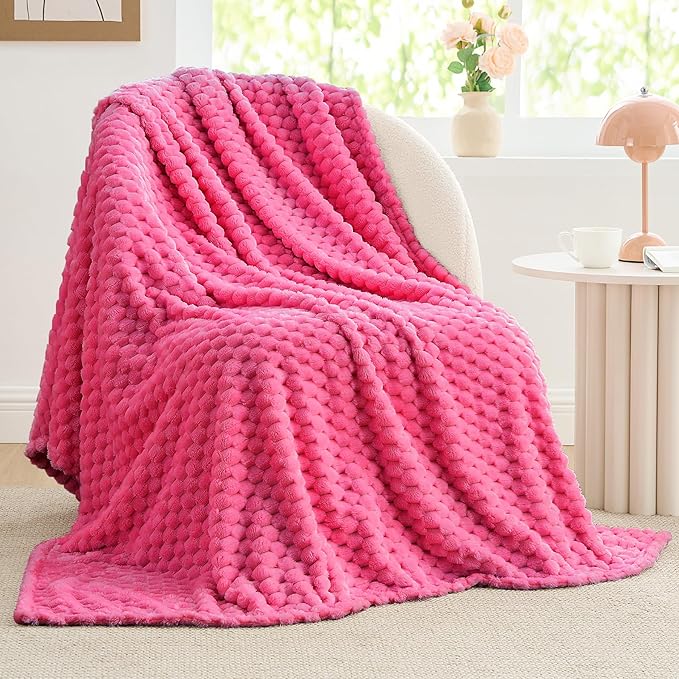 BEDELITE Fleece Twin Blankets for Couch & Bed - 3D Jacquard Decorative Hot Pink Blanket, Super Soft and Cozy Warm Fuzzy Blanket All Seasons Suitable, 60x80Inches
