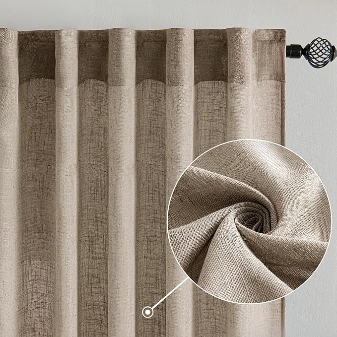 MIULEE Taupe Grey Linen Curtains 90 Inch Long 2 Panels for Bedroom Living Room, Soft Linen Textured Window Drapes Semi Sheer Light Filtering Back Tab Rod Pocket Farmhouse Modern Burlap Look Decor