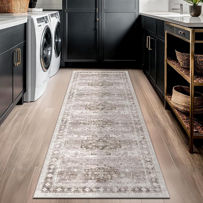 Hazo Haus Boho Long Bathroom Runner Rug 24 x 72 Washable Non Slip - Soft Stain Reistant Rugs for Kitchen, Laundry Room, Hallway Runner - Neutral Floral Design Décor (2x6 Beige/Latte)