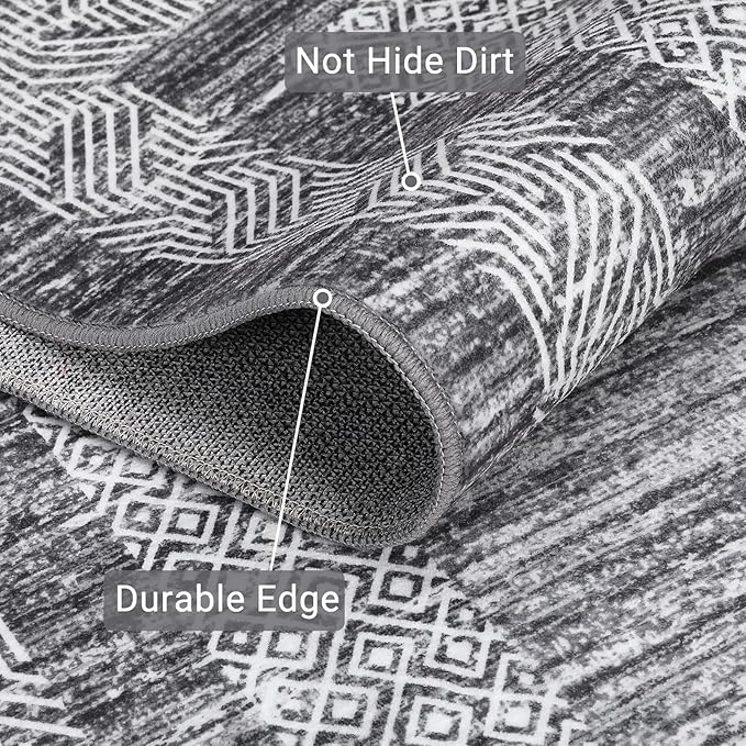 GarveeHome 2x6 Modern Bordered Runner Rug Soft Non Slip Washable Floor Carpet Distressed Geometric Hallway Indoor Printed Rug for Kitchen Entrance, Gray