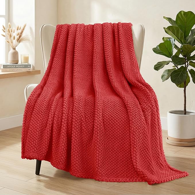 Whale Flotilla Extra Large Fuzzy Fleece Throw Blanket for Couch, 50x70 Inch Fluffy Warm Soft Jacquard Blankets for All Season, Lightweight and Cozy, Red