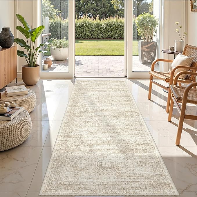 Kitchen Runner Rug Non Slip - 2.5 x 8 Runners for Hallways, Entryway, Bedroom, Washable Runner Rugs for Bathroom, Laundry Room, Low Pile Soft Vintage Area Rug(2.5'x8', Beige/Ivory)