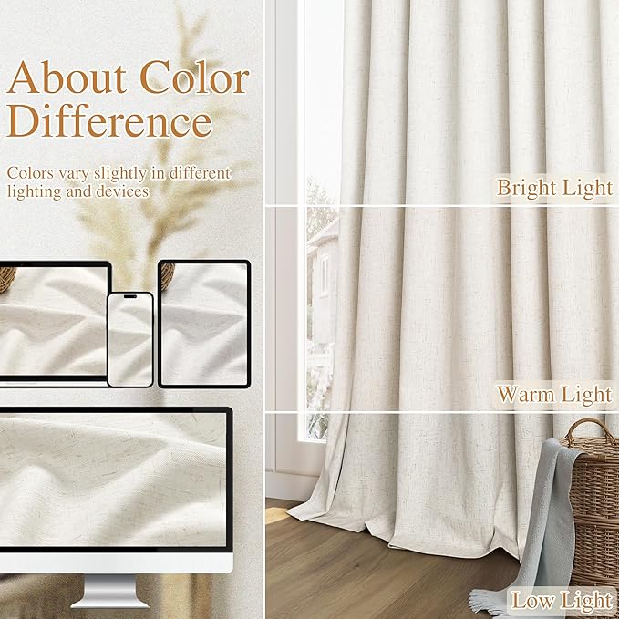 Guken Cream 100% Blackout Linen Curtains 38 Inch Wide by 80 Inch for Living Room Bedroom Back Tab Rod Pocket Thermal Insulated Black Out Drapes Room Darkening Farmhouse Window Curtains