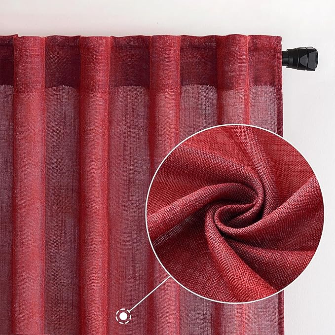 MIULEE Burgundy Red Linen Curtains 72 Inch Length for Bedroom Living Room, Soft Thick Linen Textured Window Drapes Semi Sheer Light Filtering Back Tab Rod Pocket Burlap Look Christmas Decor, 2 Panels