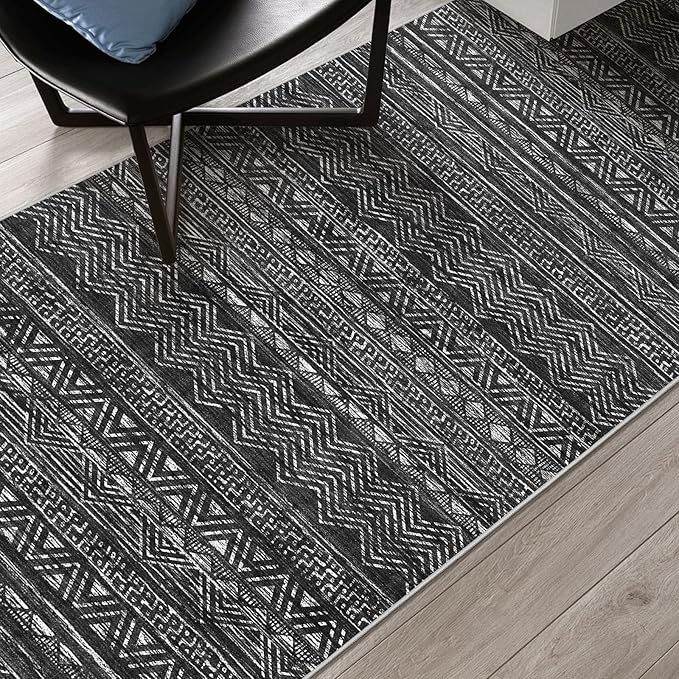 4x5 Washable Entryway Area Rug: Modern Moroccan Runner Rugs Indoor Soft Non Slip Door Mat for Living Room Low Pile Thin Floor Carpet for Kitchen Dining Room Bedroom Home Office Decor(4x5,Black)