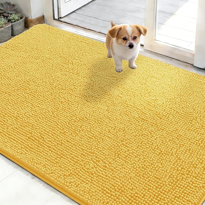 OLANLY Dog Door Mat for Muddy Paws 50x30, Absorbs Moisture and Dirt, Absorbent Non-Slip Washable Doormat, Quick Dry Chenille Mud Mat for Dogs, Entry Indoor Entryway Carpet for Inside Floor, Yellow