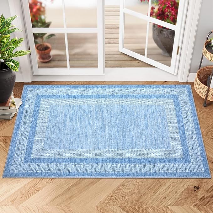 GarveeHome Modern Geometric Area Rug 2x3 Distressed Bordered Washable Non Slip Floor Small Carpet Non Shedding Thin Soft Low Pile Rug, Contemporary Gray Rug for Dining Room, Living Room Light Blue